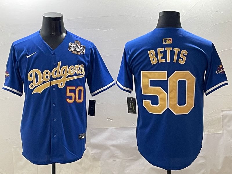 Men Los Angeles Dodgers #50 Betts Blue Champion gold character 2025 Nike MLB Jersey style 4123->los angeles dodgers->MLB Jersey